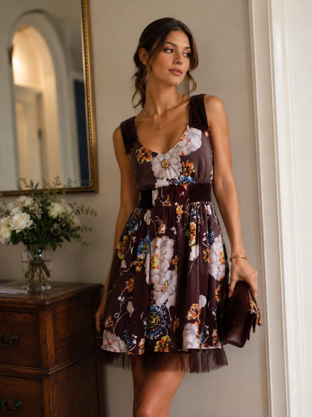 Free People Brown Floral Mini Dress with White and Blue Accents